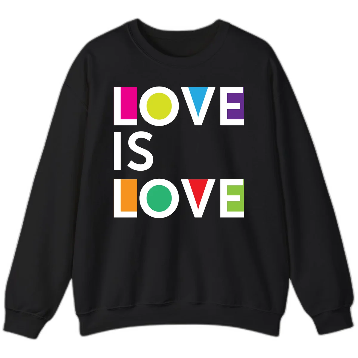 Love is love pride design featuring stacked text with colorful geometric shapes in rainbow colors on gray background in Black