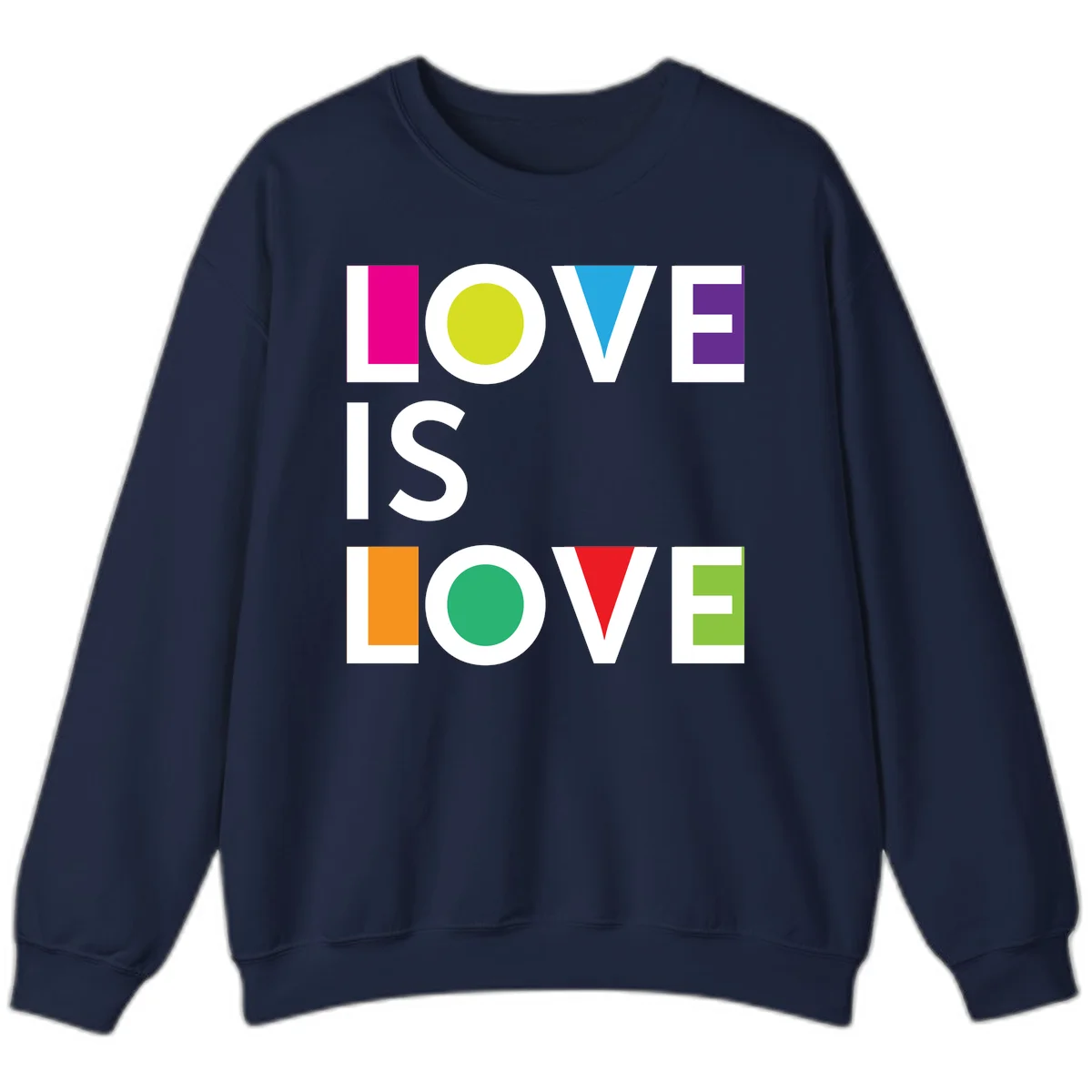 Love is love pride design featuring stacked text with colorful geometric shapes in rainbow colors on gray background in Navy