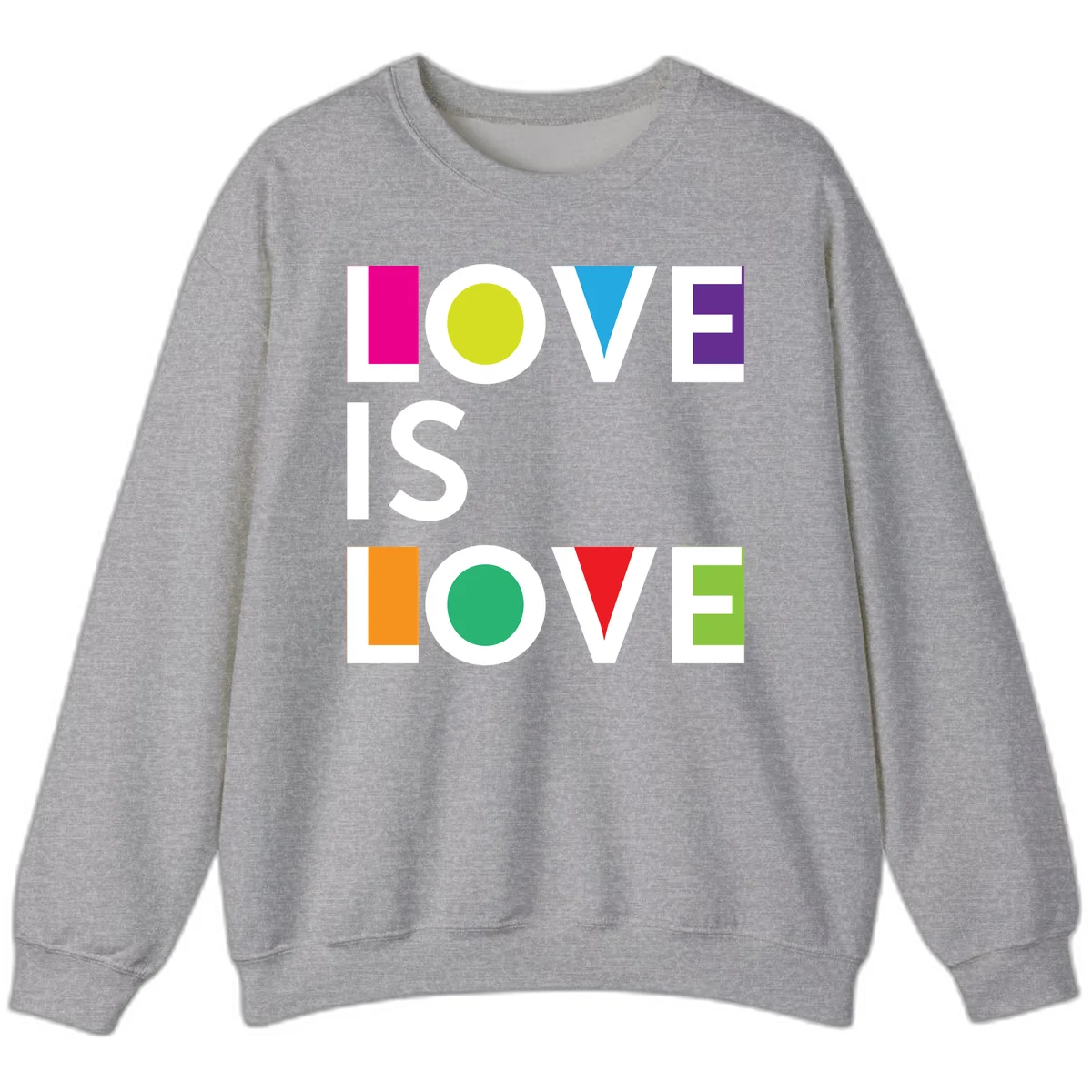 Love is love pride design featuring stacked text with colorful geometric shapes in rainbow colors on gray background in Sport Grey