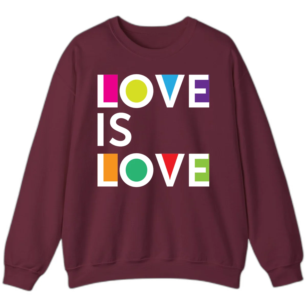 Love is love pride design featuring stacked text with colorful geometric shapes in rainbow colors on gray background in Maroon