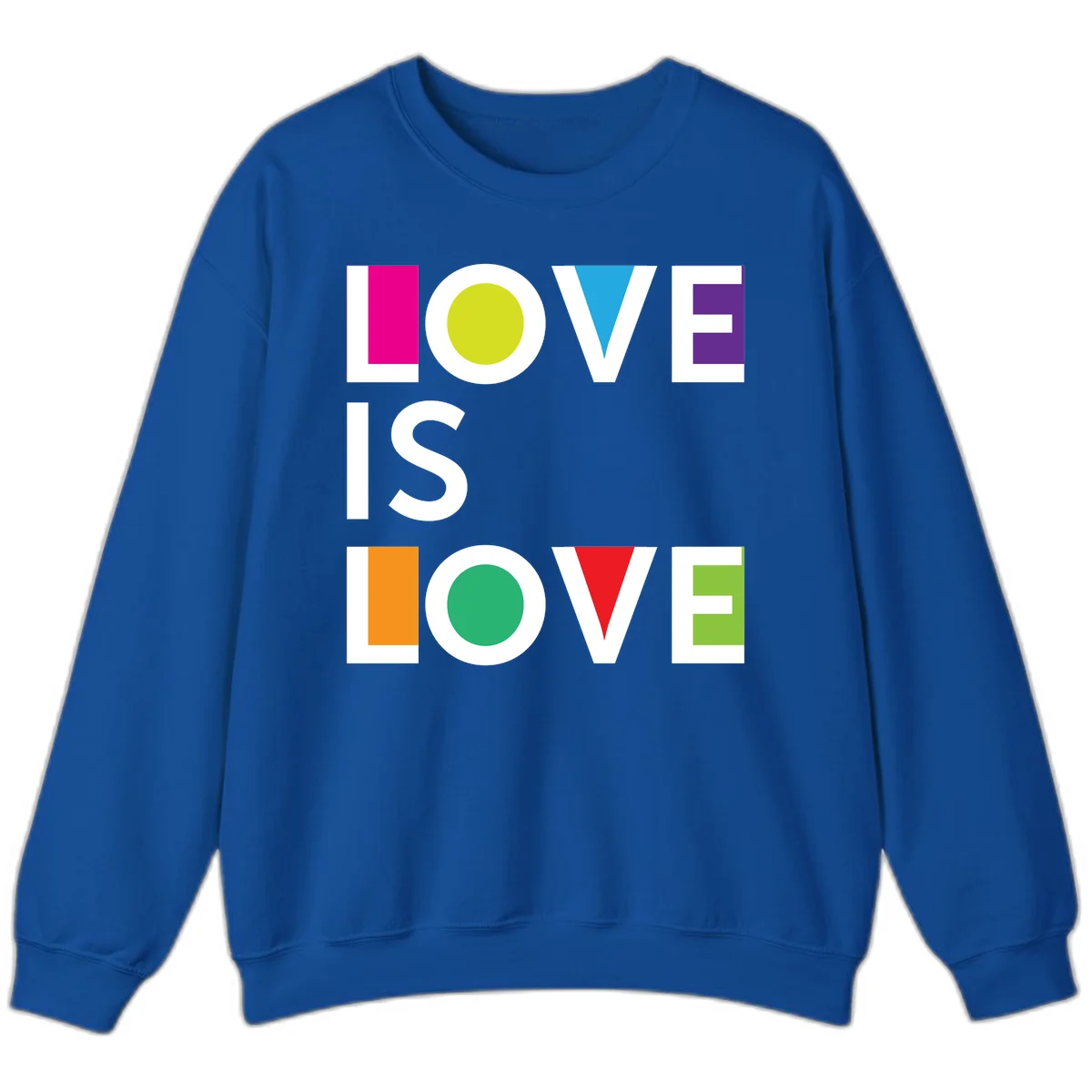 Love is love pride design featuring stacked text with colorful geometric shapes in rainbow colors on gray background in Royal