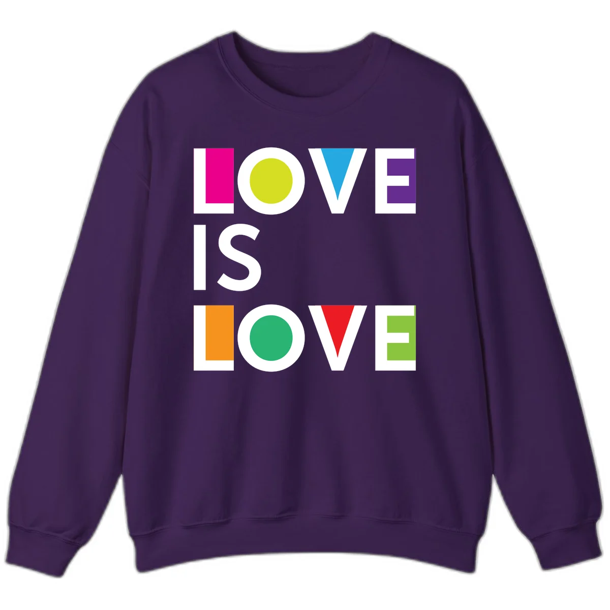 Love is love pride design featuring stacked text with colorful geometric shapes in rainbow colors on gray background in Purple