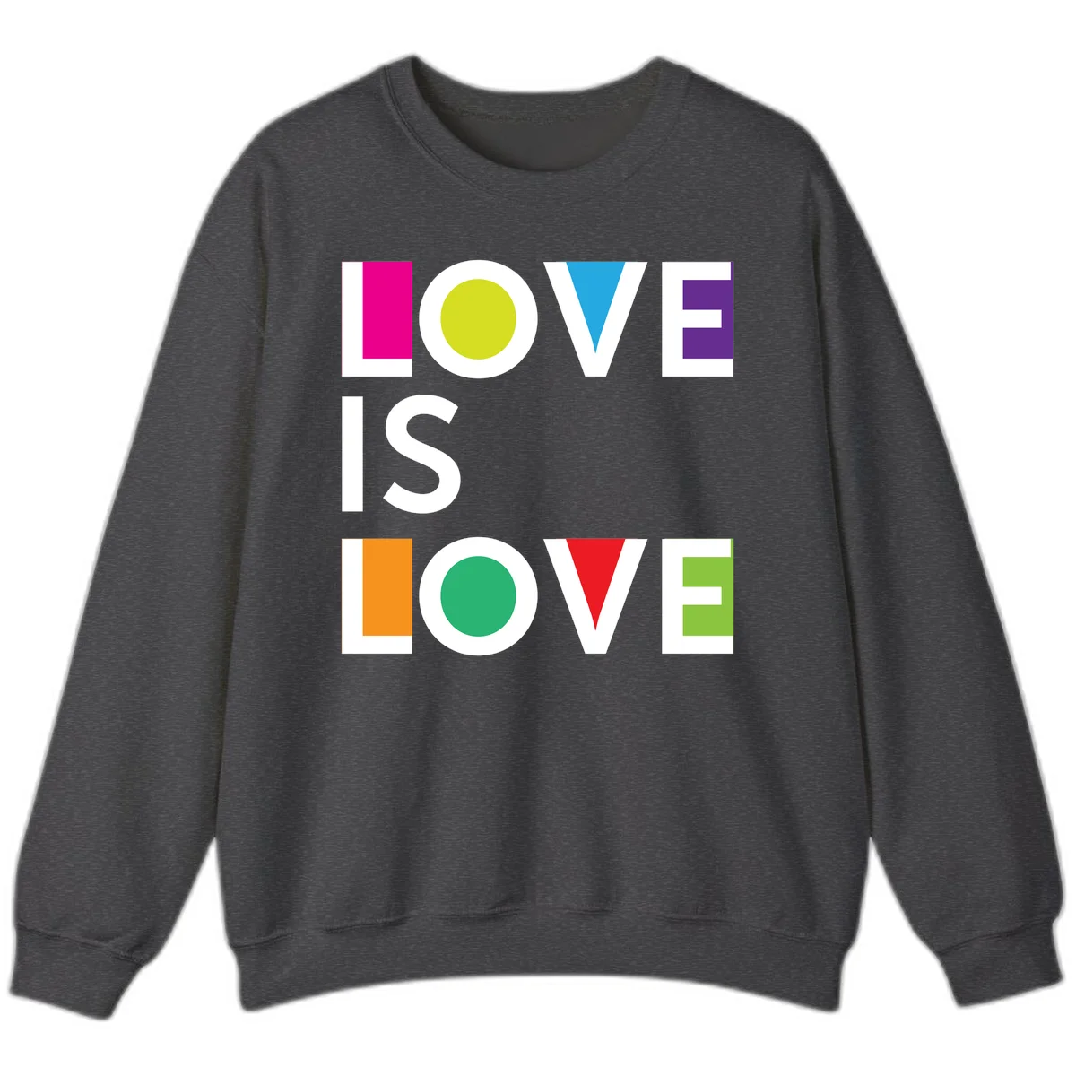 Love is love pride design featuring stacked text with colorful geometric shapes in rainbow colors on gray background in Dark Heather