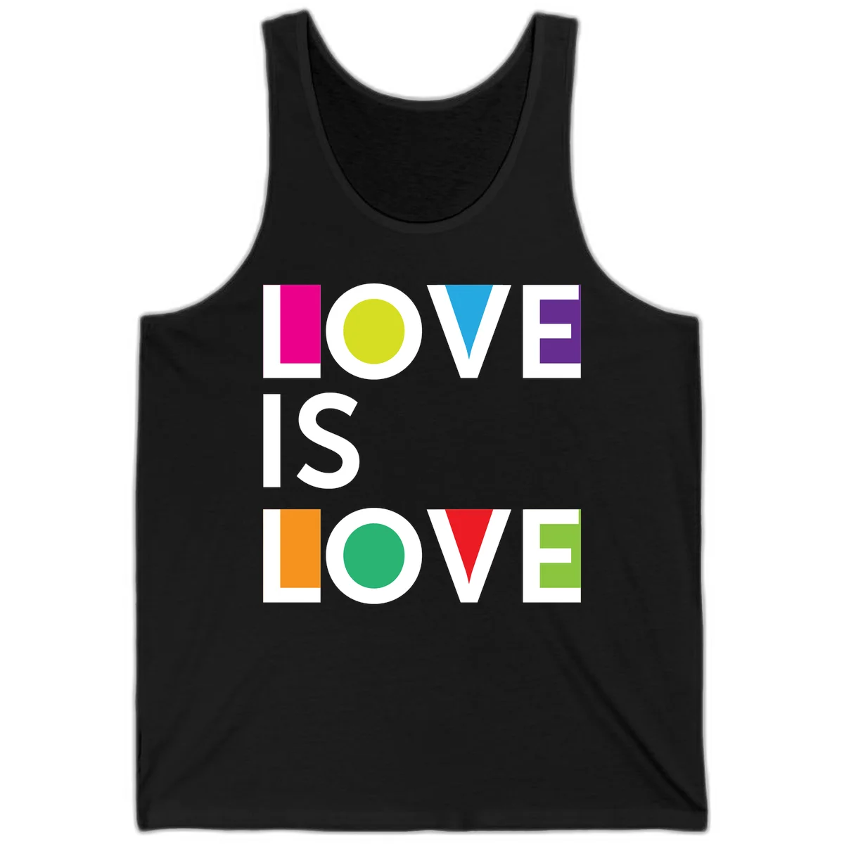 Love is love pride design featuring stacked text with colorful geometric shapes in rainbow colors on gray background in Black