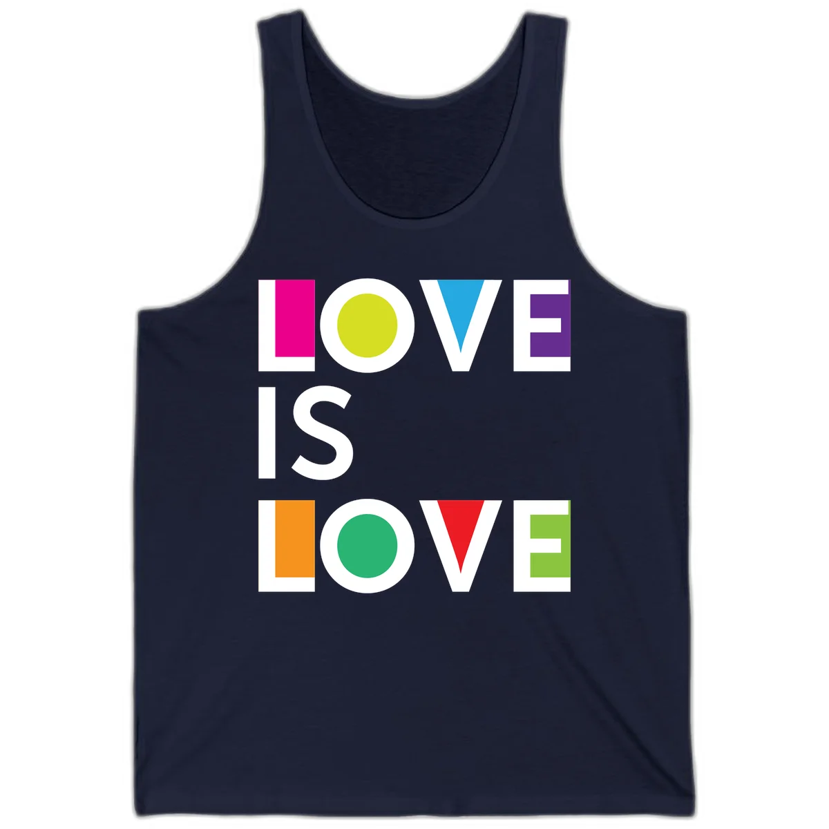 Love is love pride design featuring stacked text with colorful geometric shapes in rainbow colors on gray background in Navy