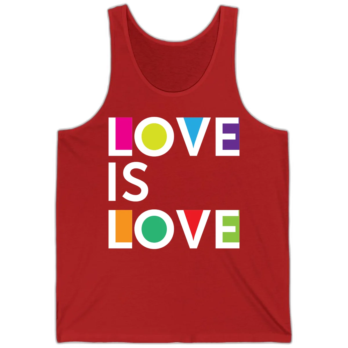 Love is love pride design featuring stacked text with colorful geometric shapes in rainbow colors on gray background in Red