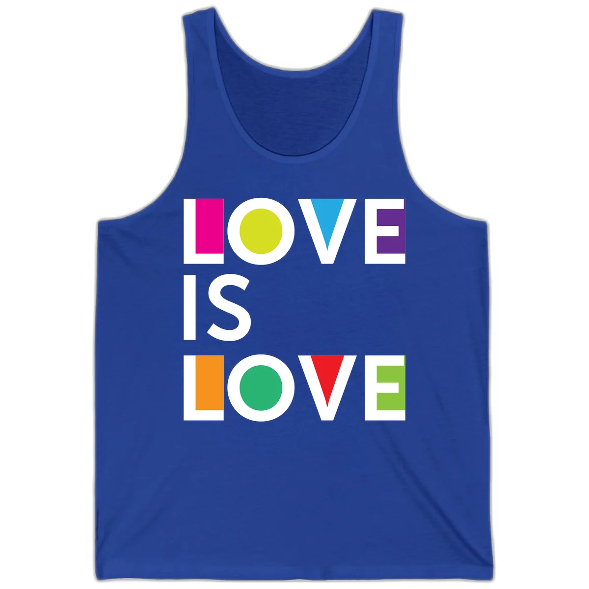 Love is love pride design featuring stacked text with colorful geometric shapes in rainbow colors on gray background in True Royal