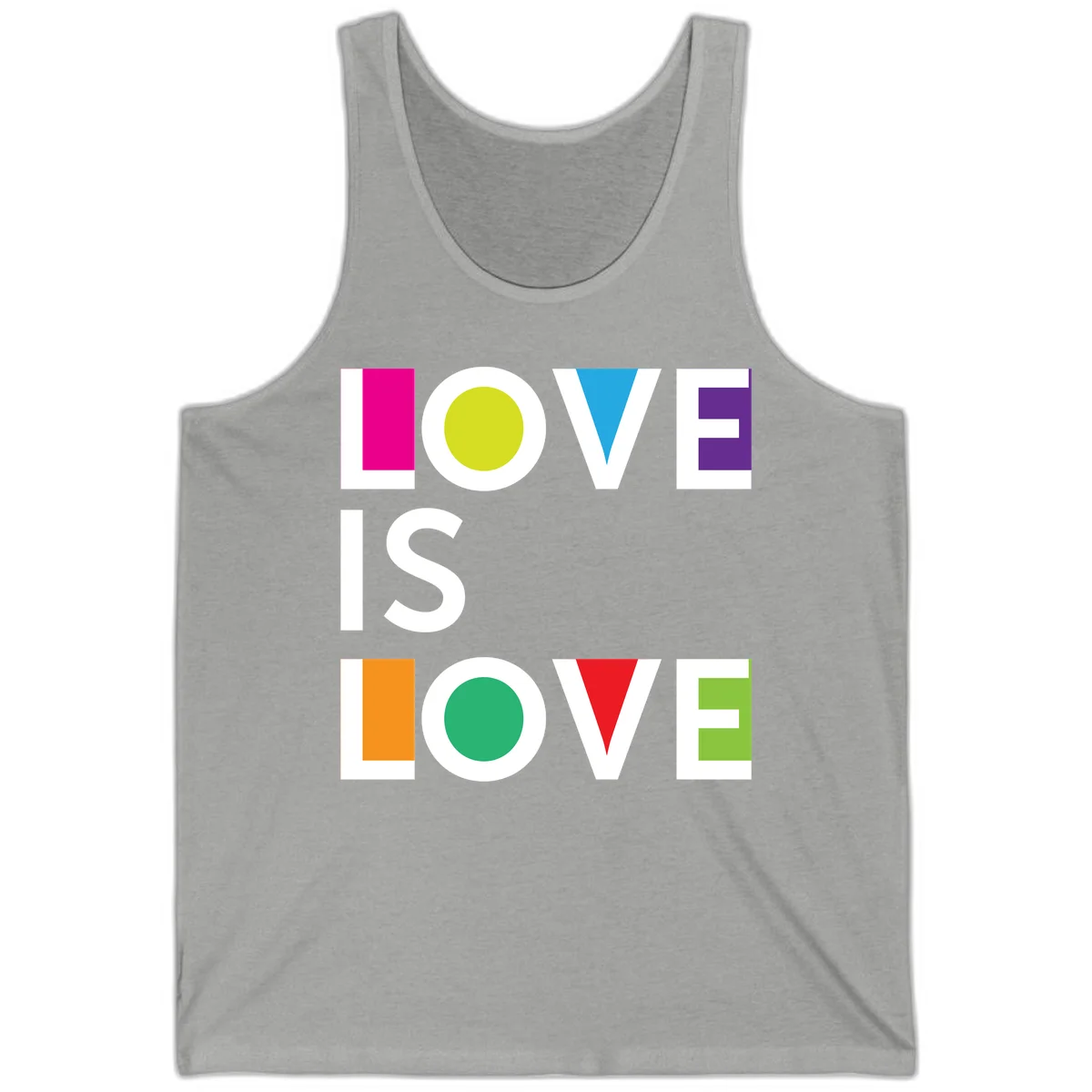 Love is love pride design featuring stacked text with colorful geometric shapes in rainbow colors on gray background in Athletic Heather