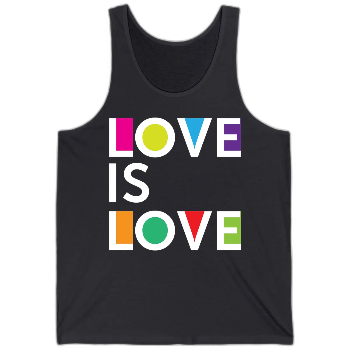 Love is love pride design featuring stacked text with colorful geometric shapes in rainbow colors on gray background in Dark Grey
