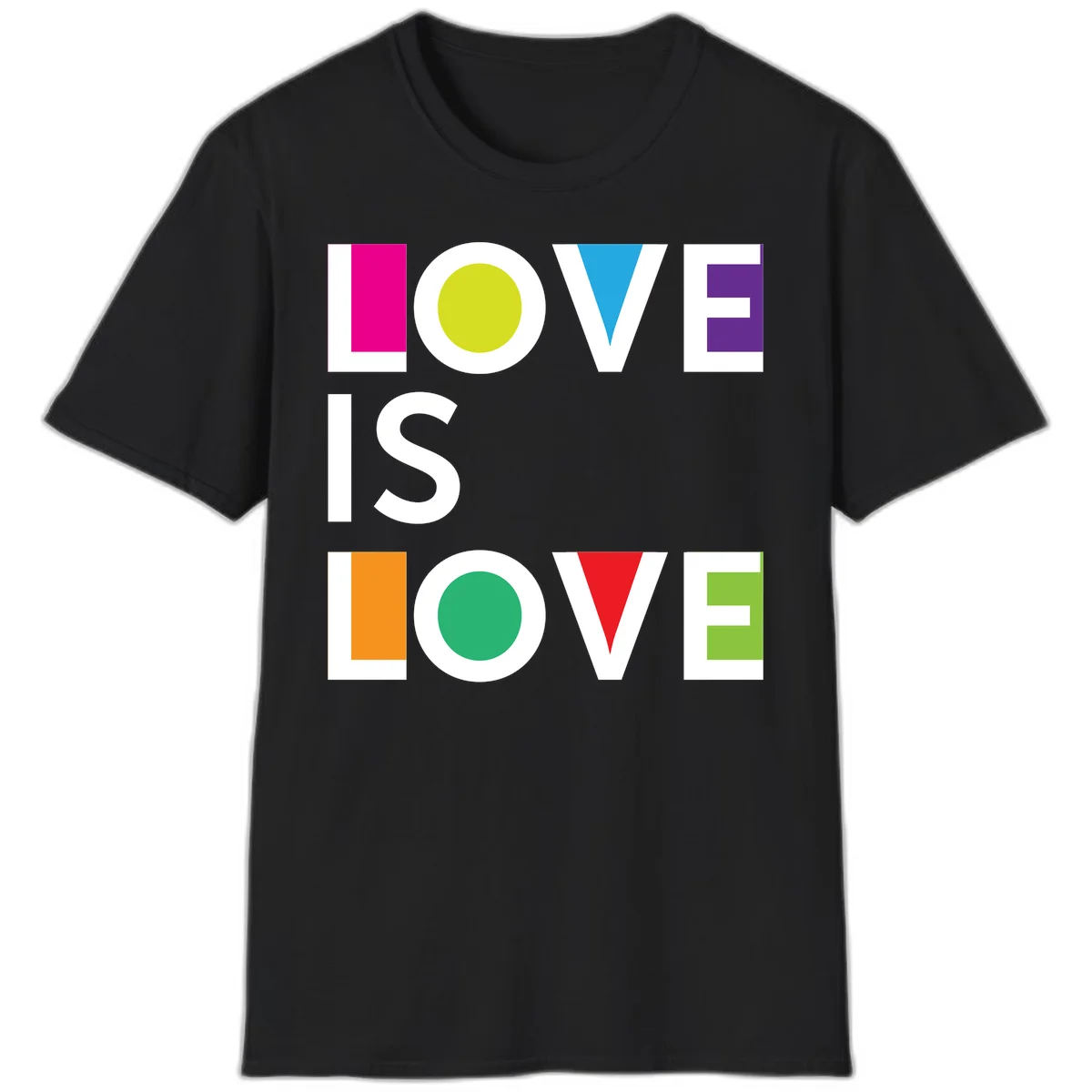Love is love pride design featuring stacked text with colorful geometric shapes in rainbow colors on gray background in Black