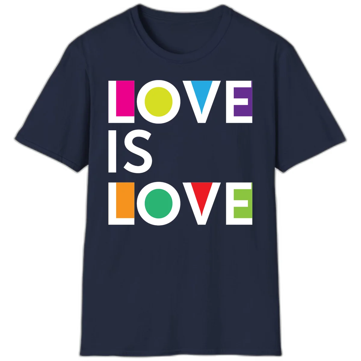 Love is love pride design featuring stacked text with colorful geometric shapes in rainbow colors on gray background in Navy