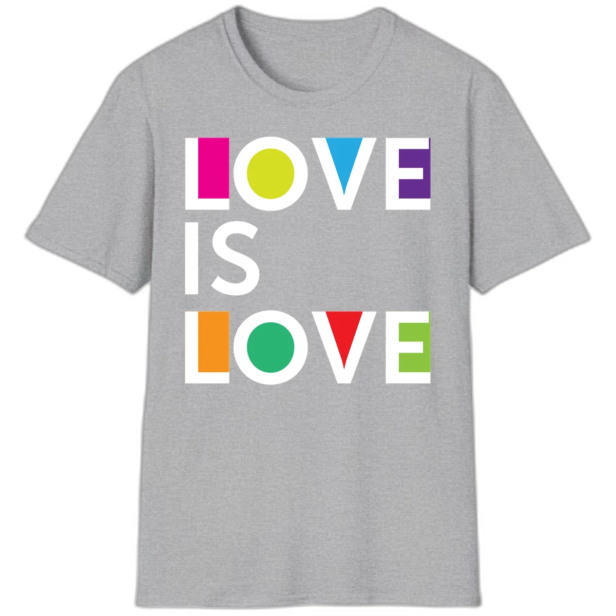 Love is love pride design featuring stacked text with colorful geometric shapes in rainbow colors on gray background in Sport Grey