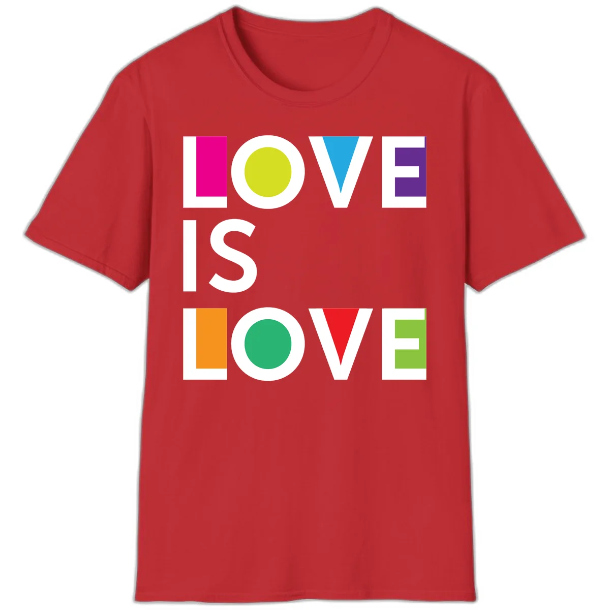 Love is love pride design featuring stacked text with colorful geometric shapes in rainbow colors on gray background in Red