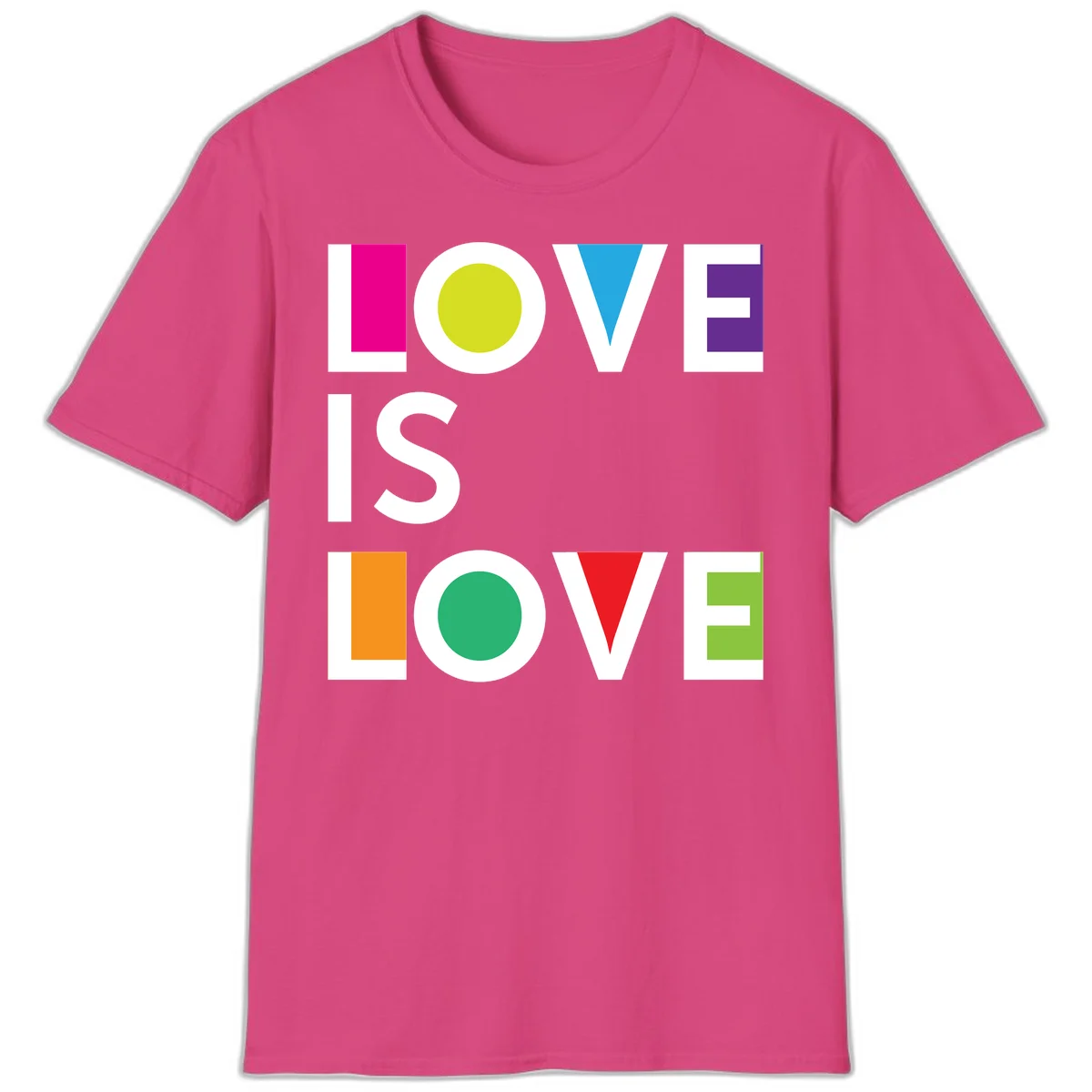 Love is love pride design featuring stacked text with colorful geometric shapes in rainbow colors on gray background in Heliconia