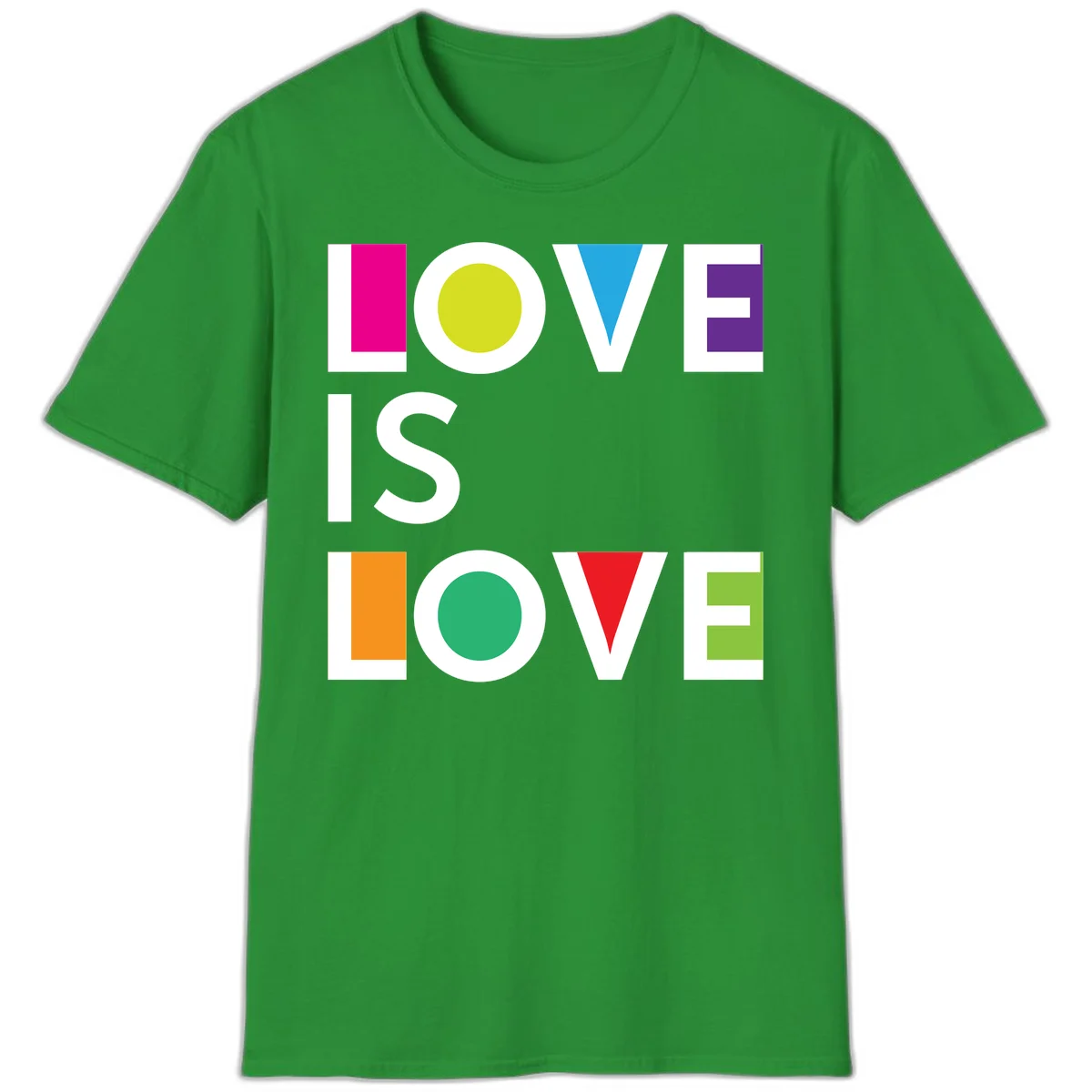 Love is love pride design featuring stacked text with colorful geometric shapes in rainbow colors on gray background in Irish Green