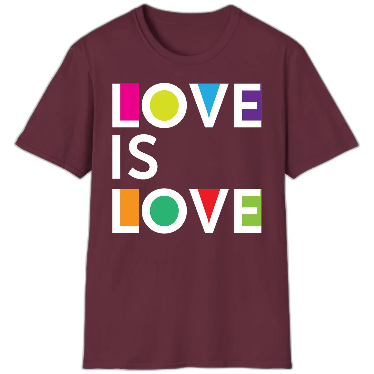 Love is love pride design featuring stacked text with colorful geometric shapes in rainbow colors on gray background in Maroon