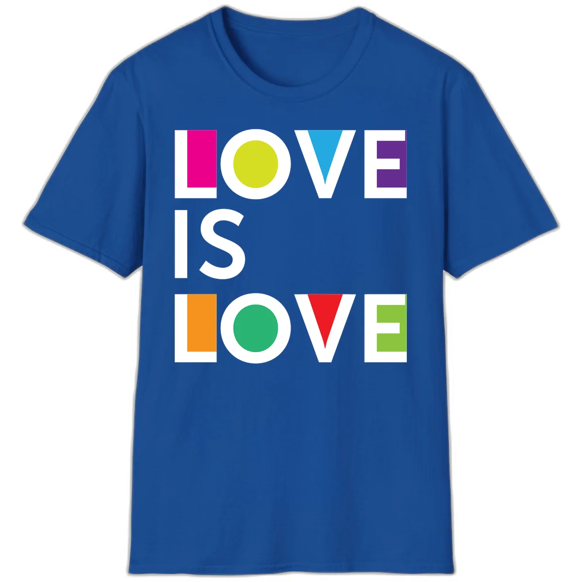Love is love pride design featuring stacked text with colorful geometric shapes in rainbow colors on gray background in Royal