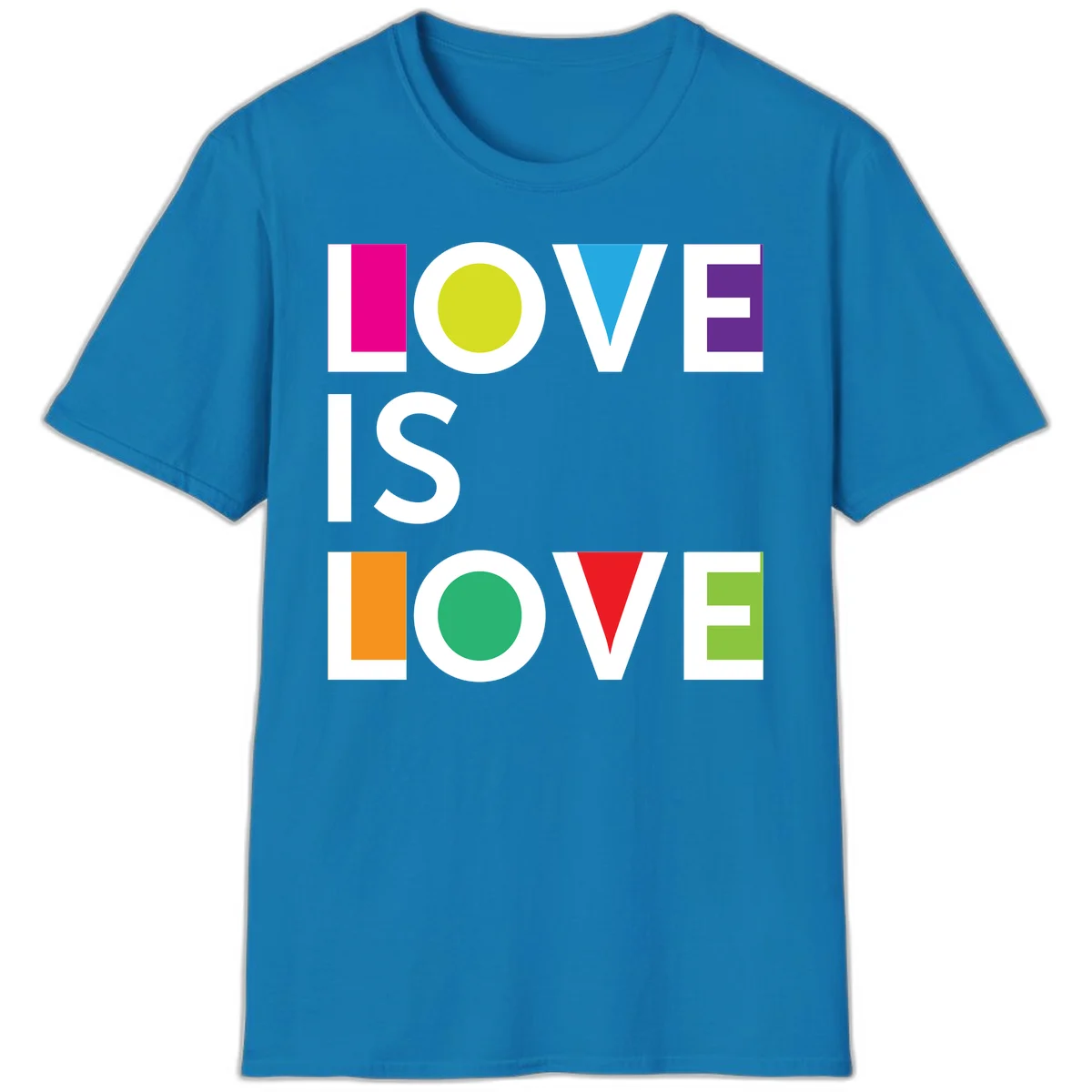 Love is love pride design featuring stacked text with colorful geometric shapes in rainbow colors on gray background in Sapphire