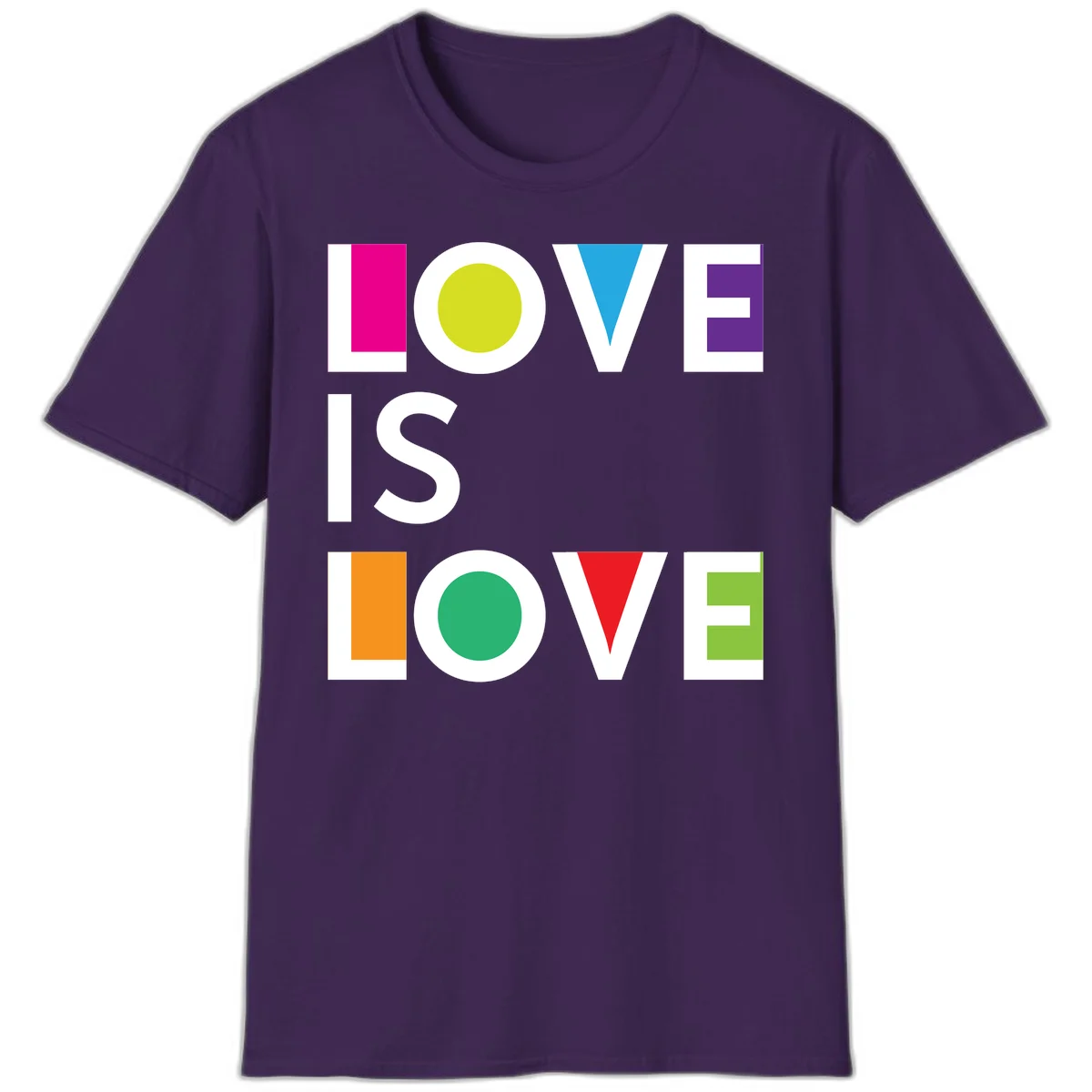 Love is love pride design featuring stacked text with colorful geometric shapes in rainbow colors on gray background in Purple