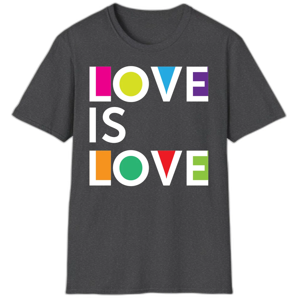 Love is love pride design featuring stacked text with colorful geometric shapes in rainbow colors on gray background in Dark Heather