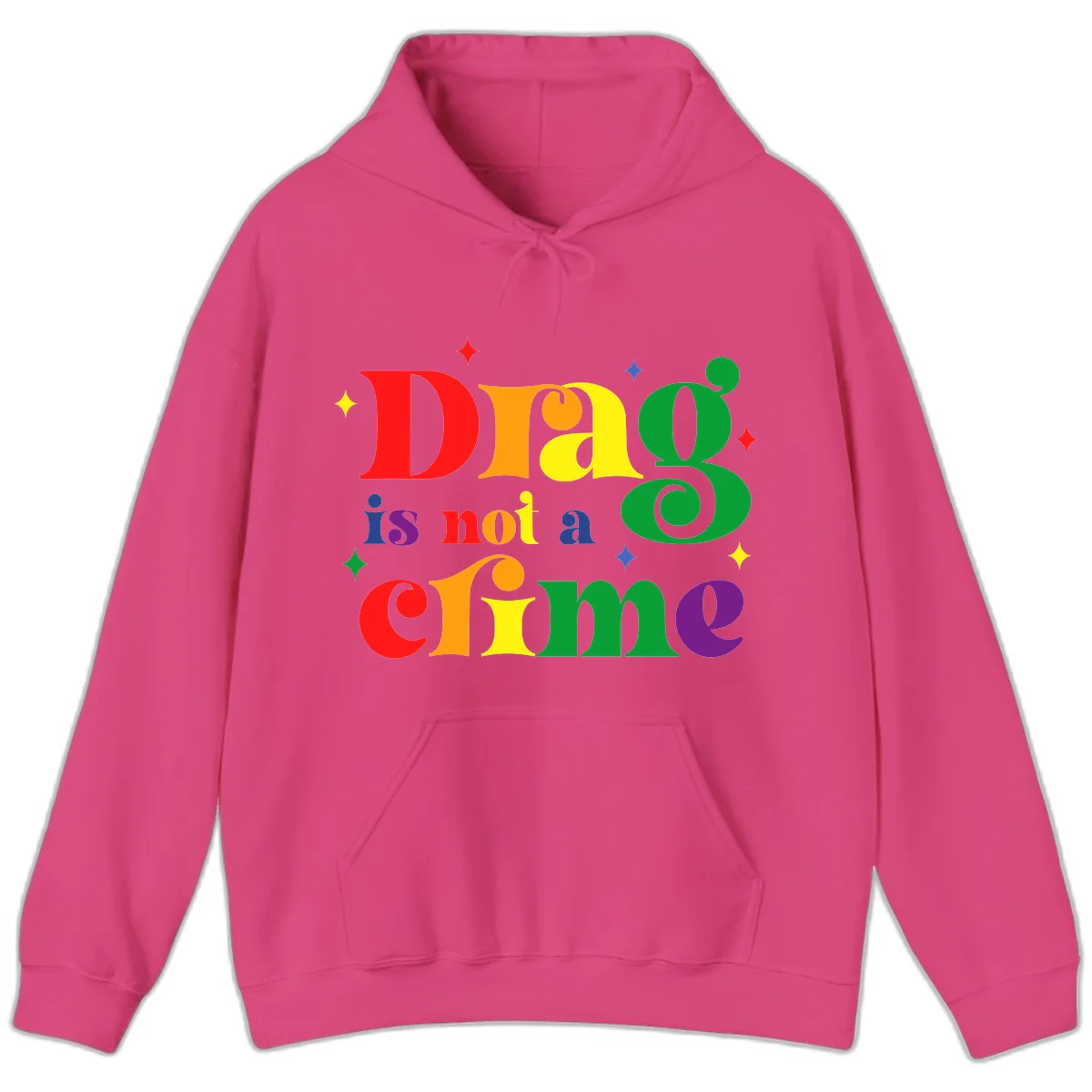 Rainbow gradient text reading 'Drag is not a crime' with colorful stars on gray background in Heliconia