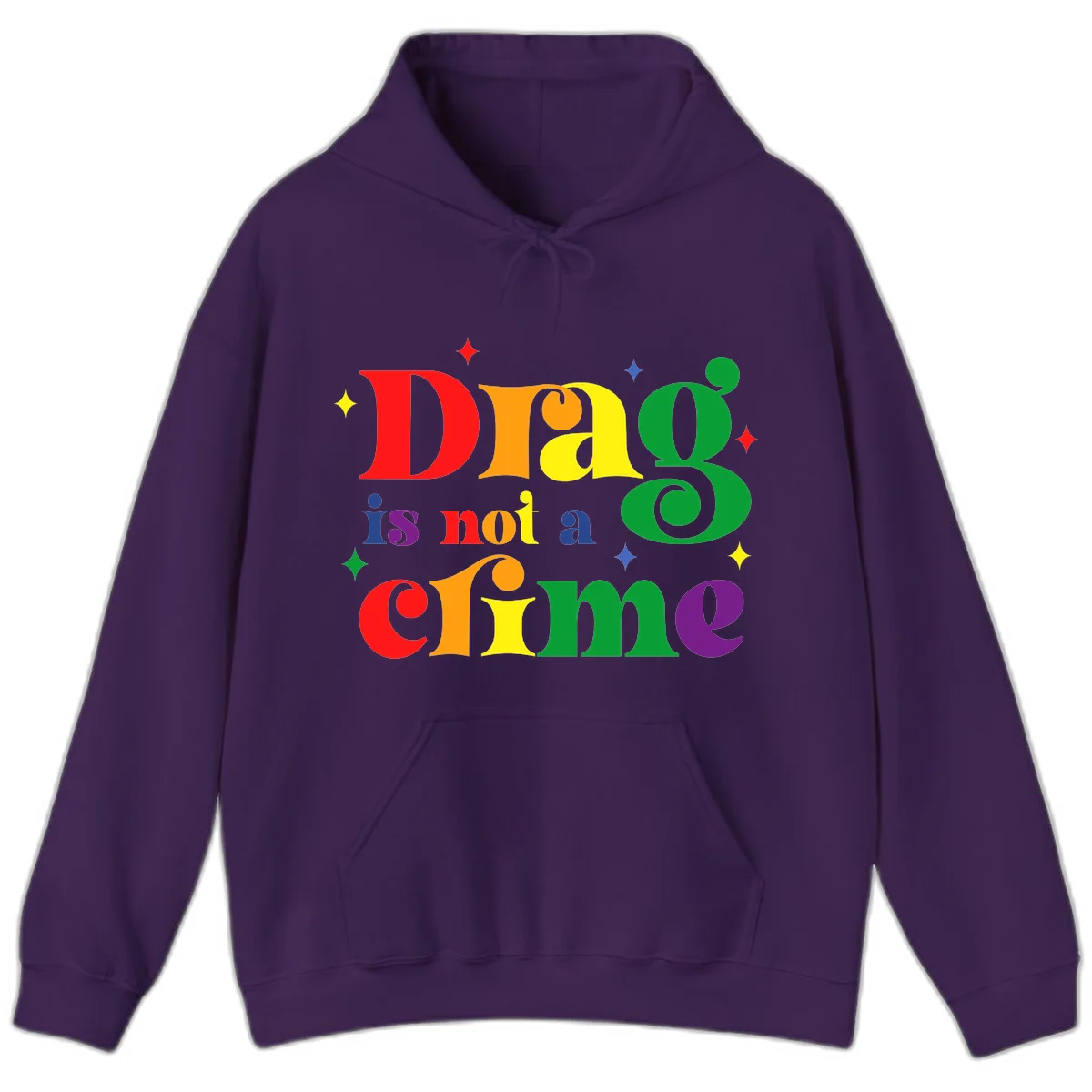 Rainbow gradient text reading 'Drag is not a crime' with colorful stars on gray background in Purple