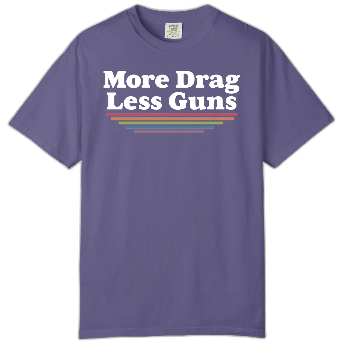 Bold white text reading 'More Drag Less Guns' with colorful horizontal bars below on gray background in Grape