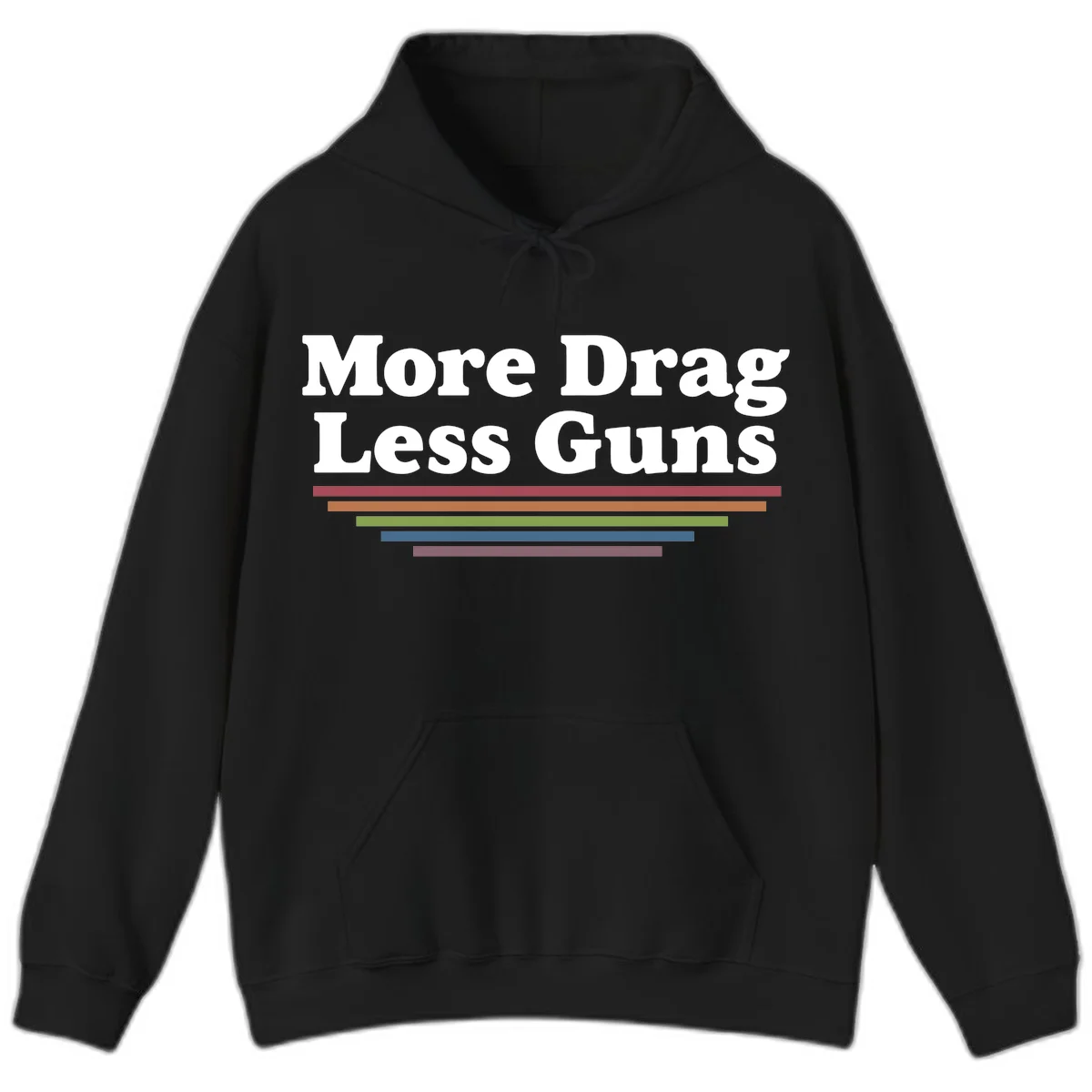 Bold white text reading 'More Drag Less Guns' with colorful horizontal bars below on gray background in Black