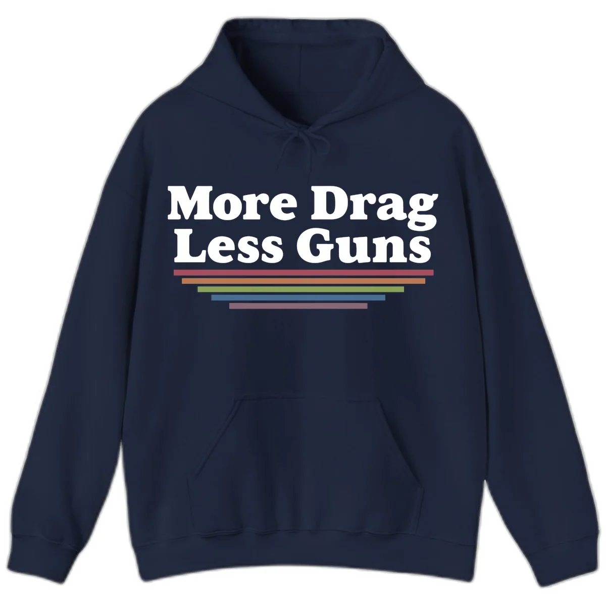 Bold white text reading 'More Drag Less Guns' with colorful horizontal bars below on gray background in Navy
