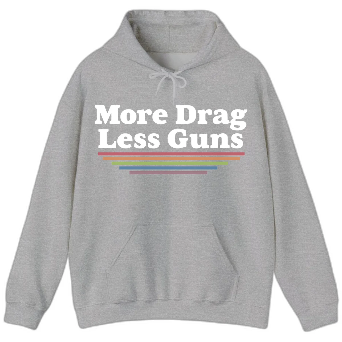 Bold white text reading 'More Drag Less Guns' with colorful horizontal bars below on gray background in Sport Grey