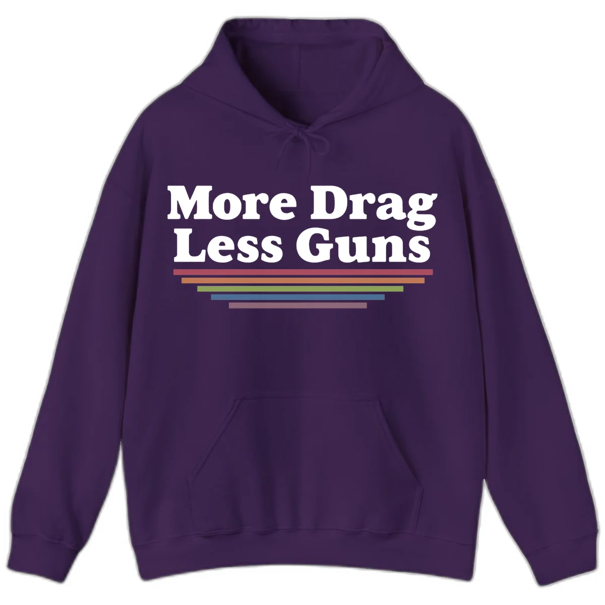 Bold white text reading 'More Drag Less Guns' with colorful horizontal bars below on gray background in Purple