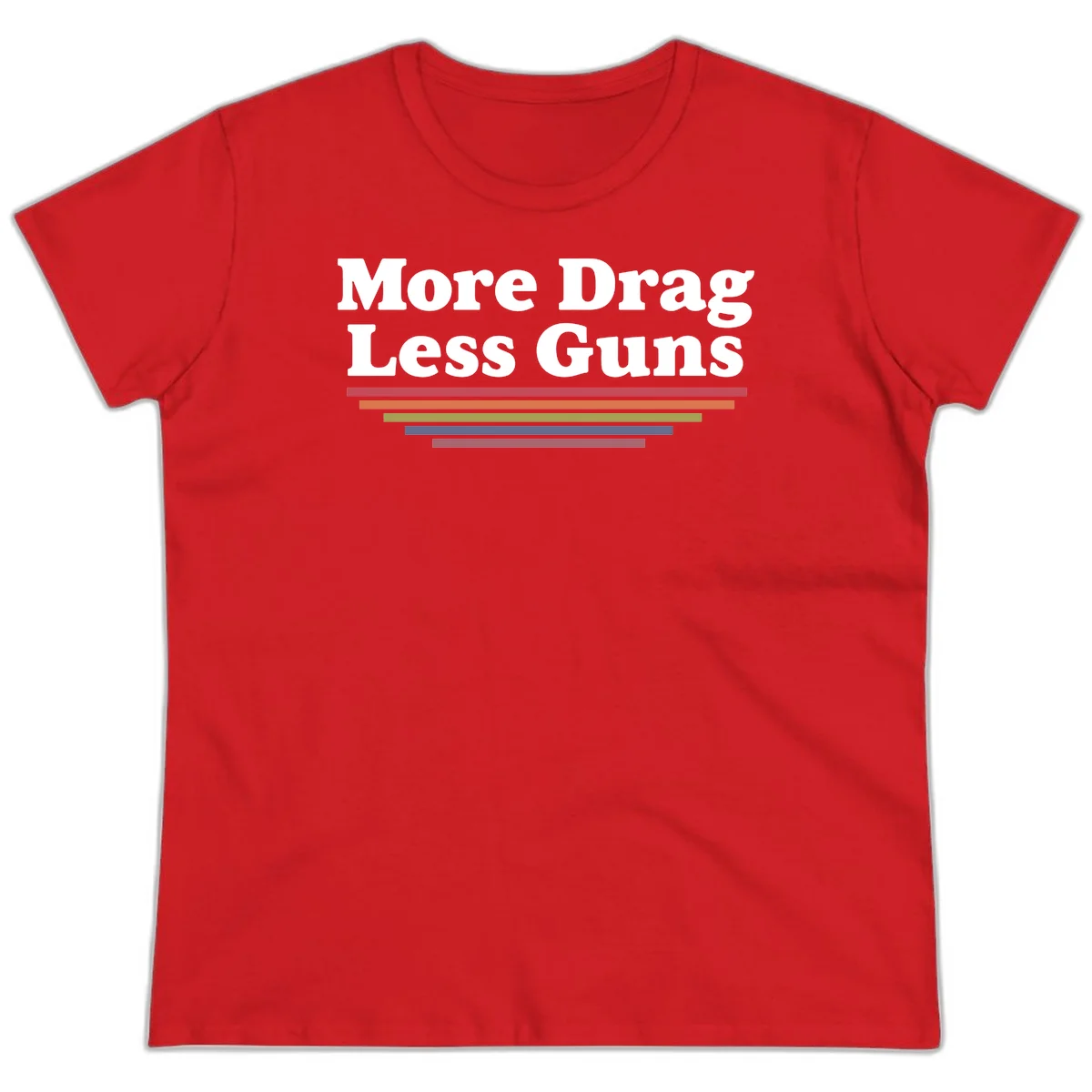 Bold white text reading 'More Drag Less Guns' with colorful horizontal bars below on gray background in Red