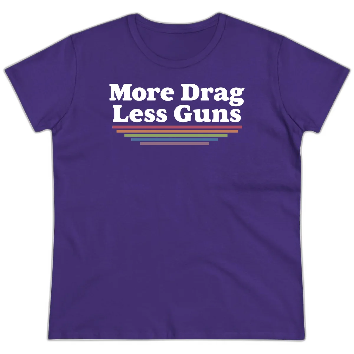 Bold white text reading 'More Drag Less Guns' with colorful horizontal bars below on gray background in Purple