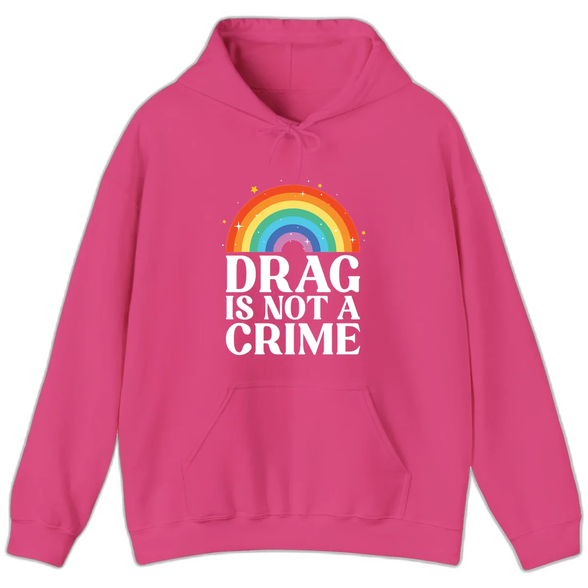 Rainbow arc with stars and text reading 'Drag Is Not A Crime' - a pride-themed design celebrating drag rights and LGBTQ+ equality in Heliconia