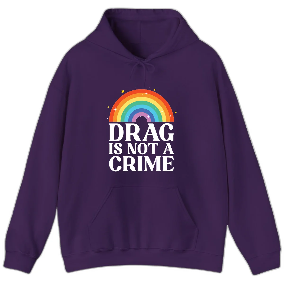 Rainbow arc with stars and text reading 'Drag Is Not A Crime' - a pride-themed design celebrating drag rights and LGBTQ+ equality in Purple