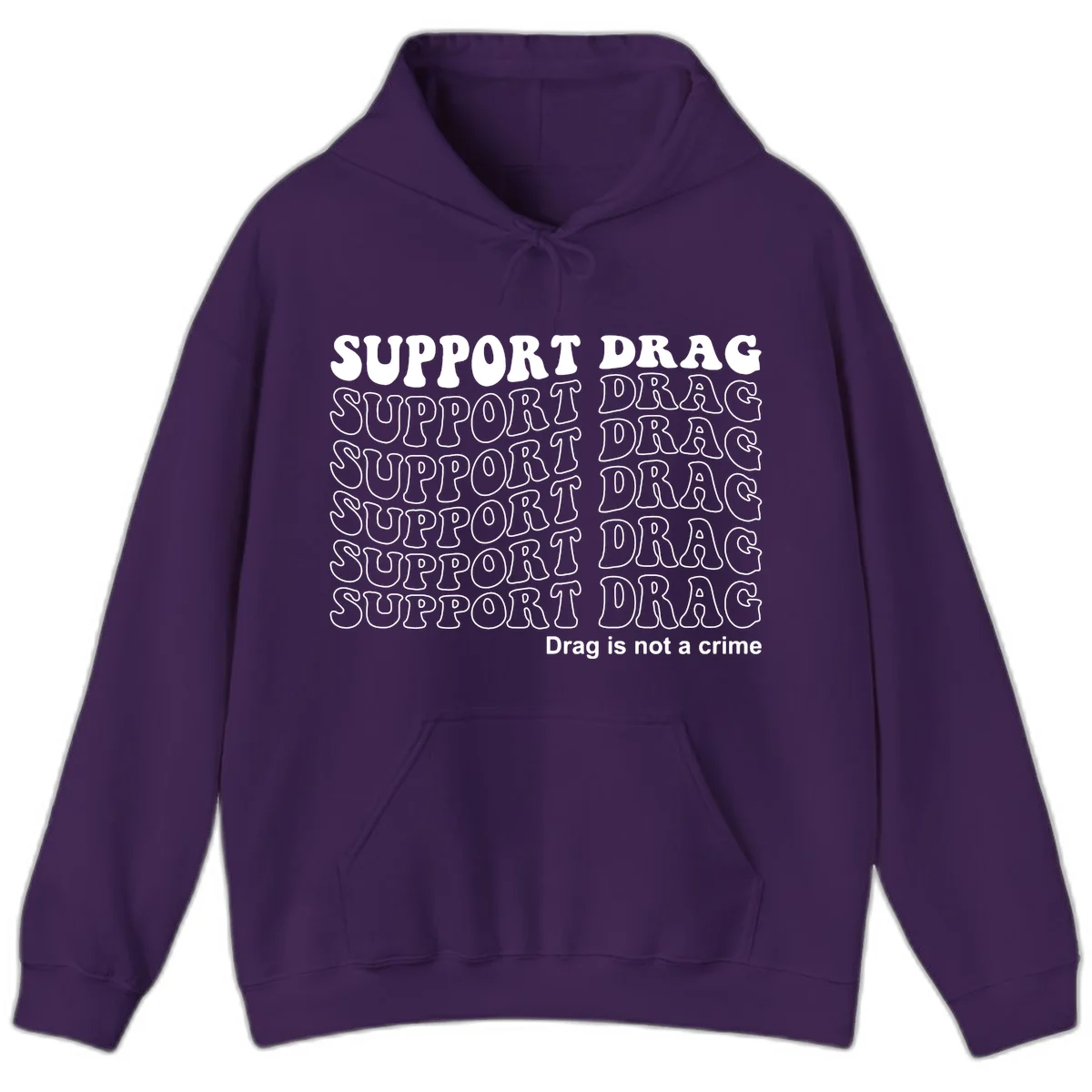 Gray shirt design with white text reading 'Support Drag' repeated vertically and 'Drag is not a crime' at bottom in Purple