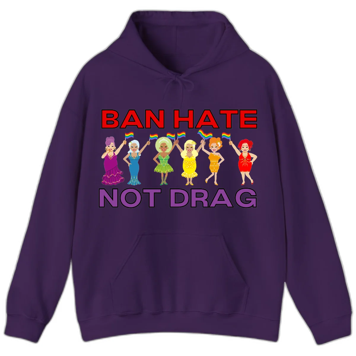 Six illustrated drag performers in colorful sequined outfits holding rainbow pride flags with text reading 'Ban Hate Not Drag' celebrating LGBTQ+ pride and drag culture in Purple