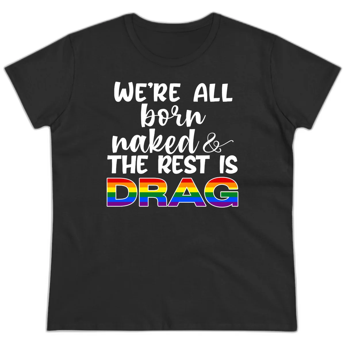 Born naked rest is drag pride design with rainbow flag colored DRAG lettering and inspirational quote text on gray background in Black