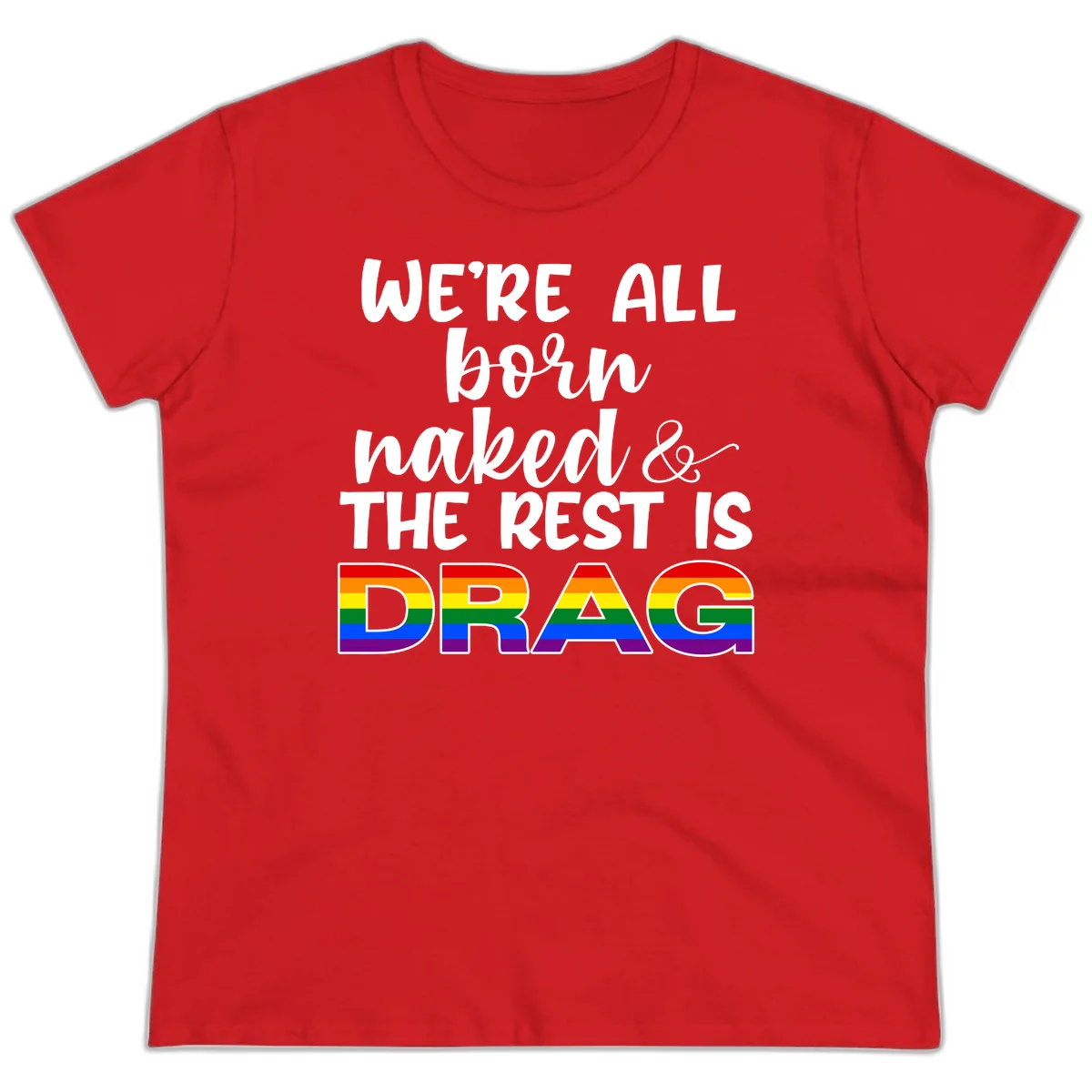 Born naked rest is drag pride design with rainbow flag colored DRAG lettering and inspirational quote text on gray background in Red