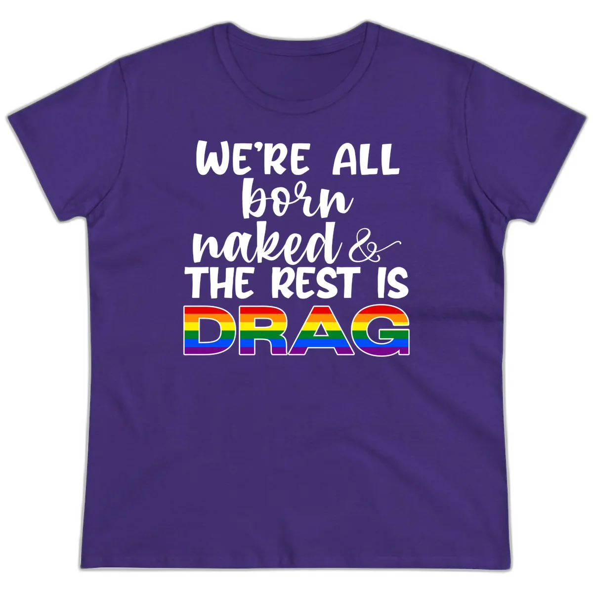 Born naked rest is drag pride design with rainbow flag colored DRAG lettering and inspirational quote text on gray background in Purple