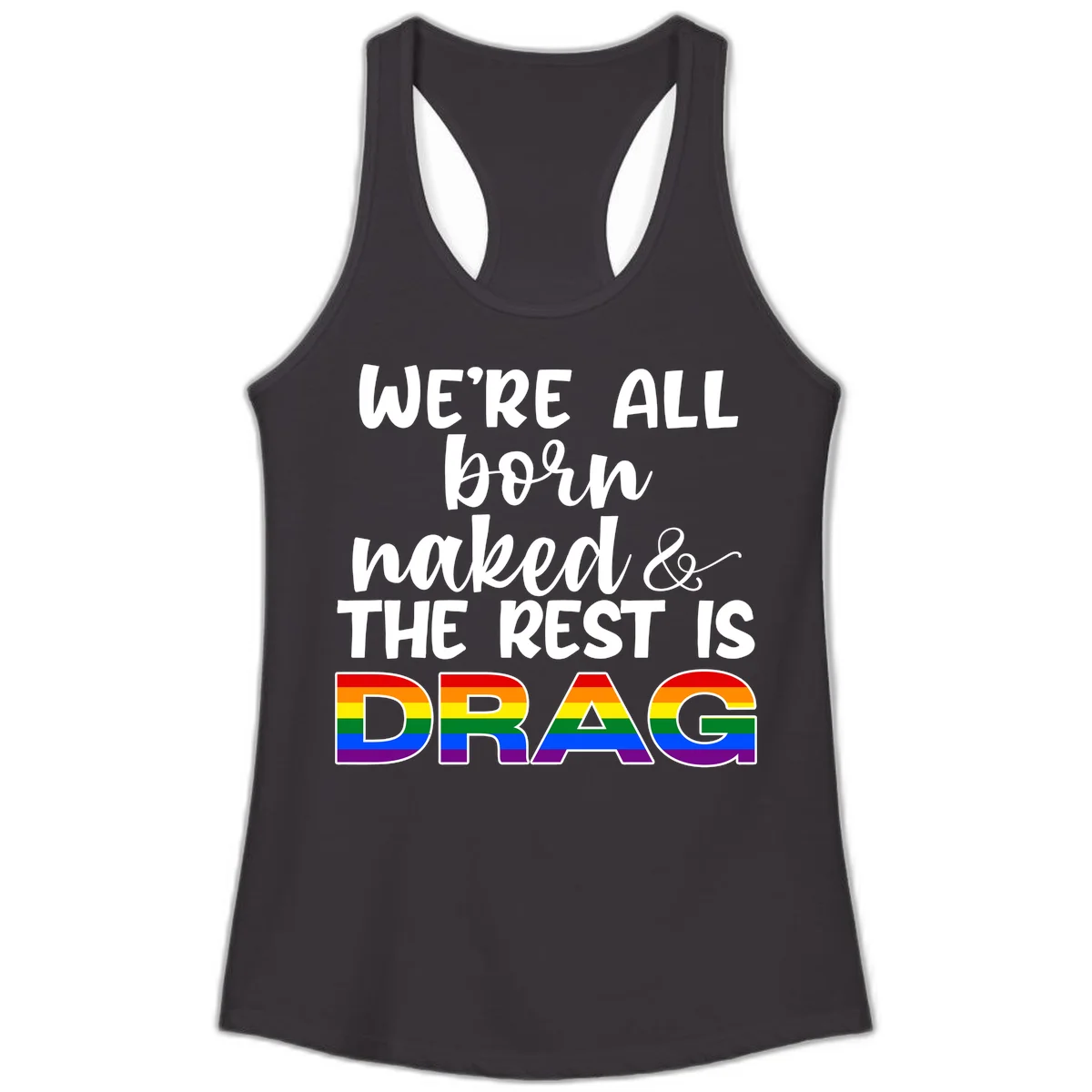 Born naked rest is drag pride design with rainbow flag colored DRAG lettering and inspirational quote text on gray background in Black