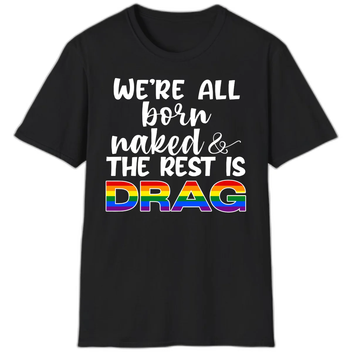 Born naked rest is drag pride design with rainbow flag colored DRAG lettering and inspirational quote text on gray background in Black