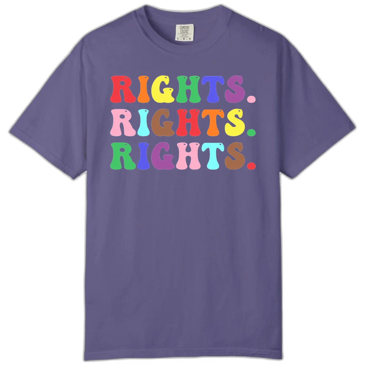 Rainbow-colored letters spelling 'RIGHTS' three times in bright red, orange, yellow, green, blue, purple, pink, cyan, and brown on gray background in Grape