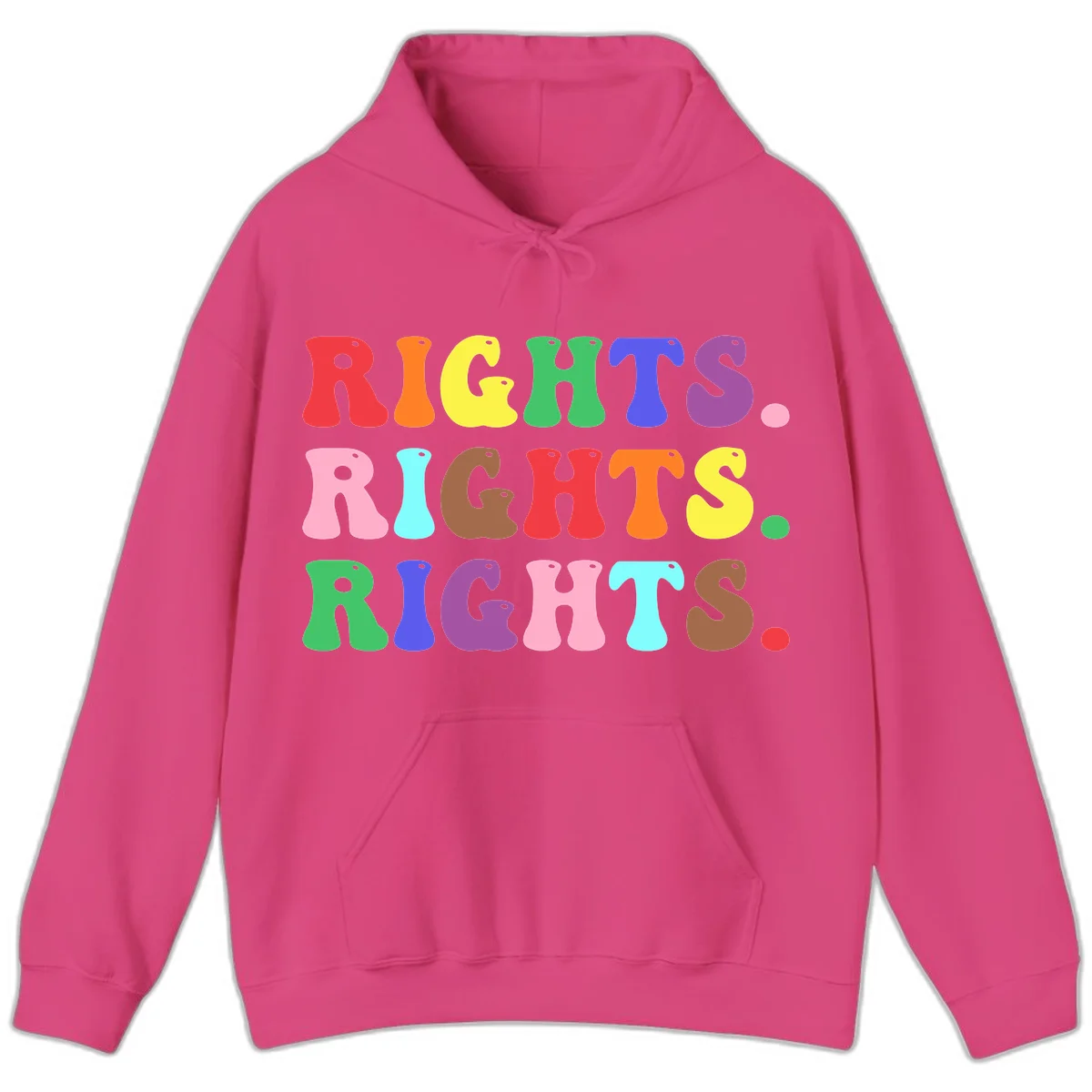 Rainbow-colored letters spelling 'RIGHTS' three times in bright red, orange, yellow, green, blue, purple, pink, cyan, and brown on gray background in Heliconia