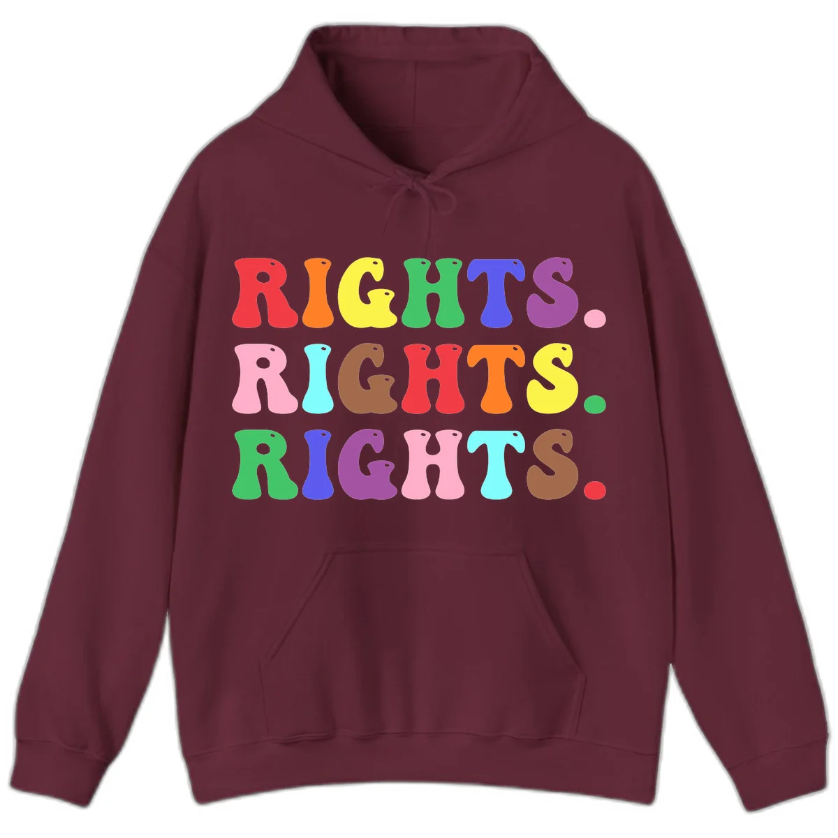 Rainbow-colored letters spelling 'RIGHTS' three times in bright red, orange, yellow, green, blue, purple, pink, cyan, and brown on gray background in Maroon