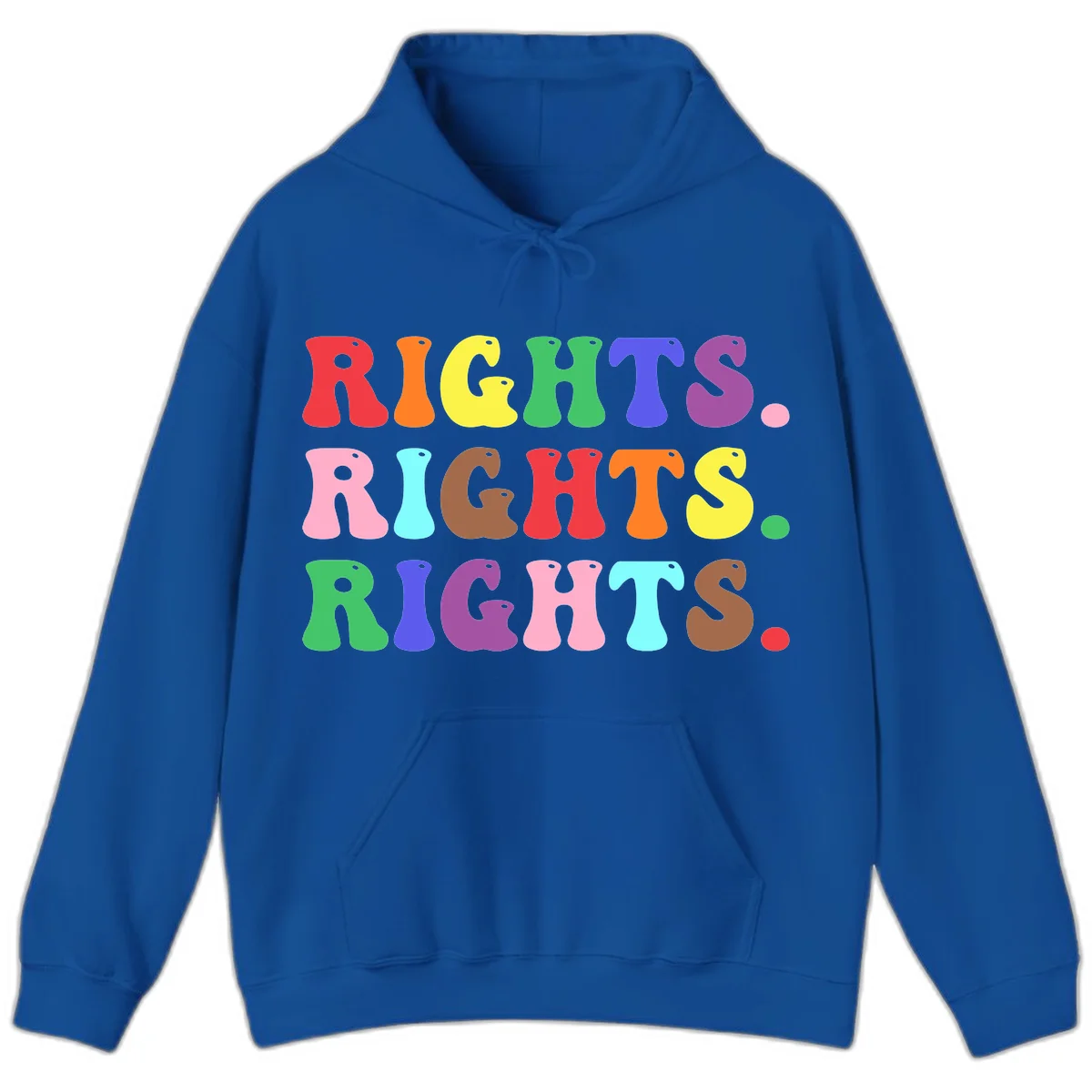 Rainbow-colored letters spelling 'RIGHTS' three times in bright red, orange, yellow, green, blue, purple, pink, cyan, and brown on gray background in Royal