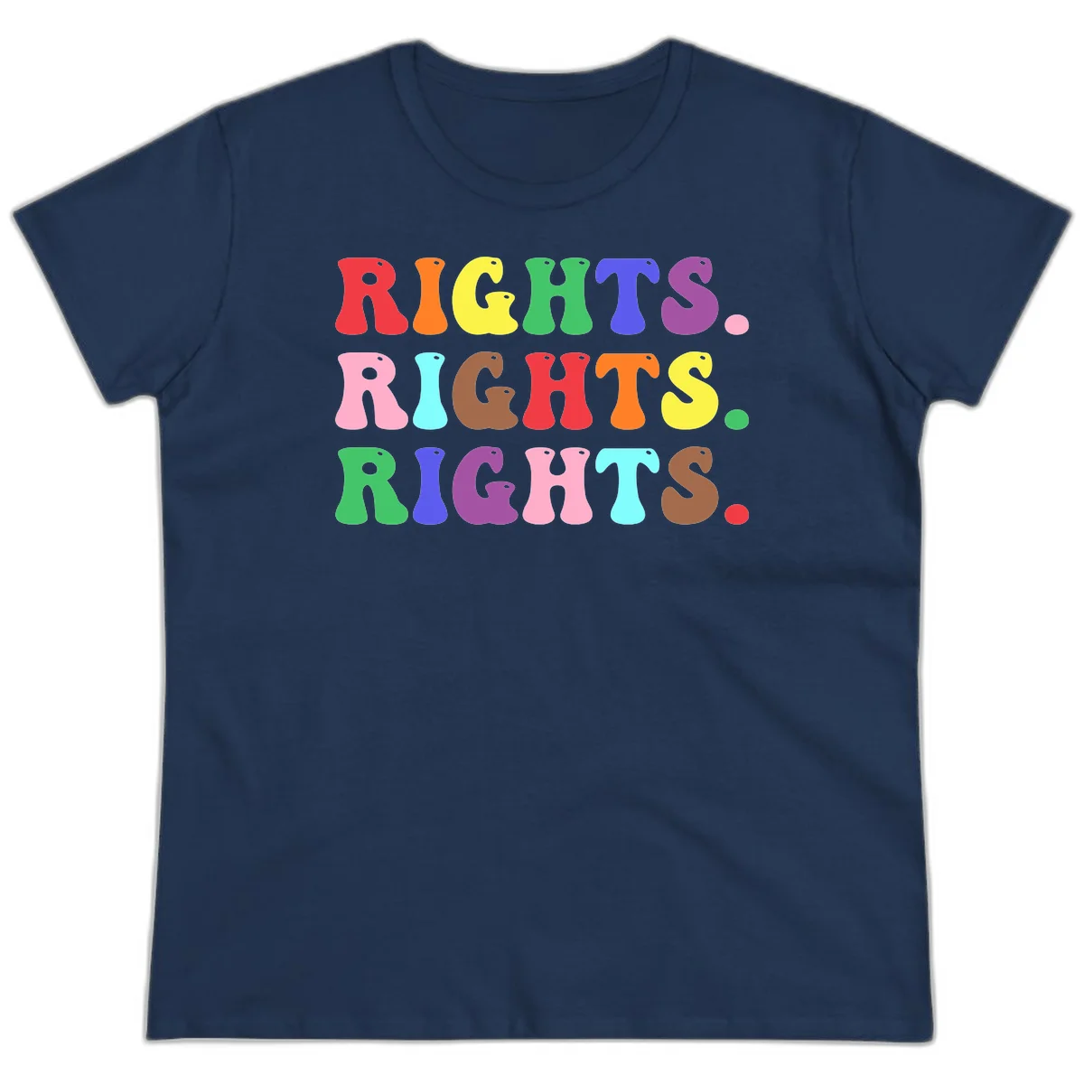 Rainbow-colored letters spelling 'RIGHTS' three times in bright red, orange, yellow, green, blue, purple, pink, cyan, and brown on gray background in Navy