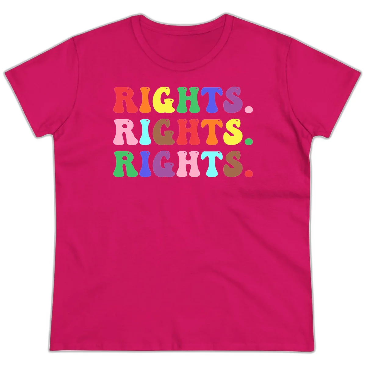 Rainbow-colored letters spelling 'RIGHTS' three times in bright red, orange, yellow, green, blue, purple, pink, cyan, and brown on gray background in Heliconia
