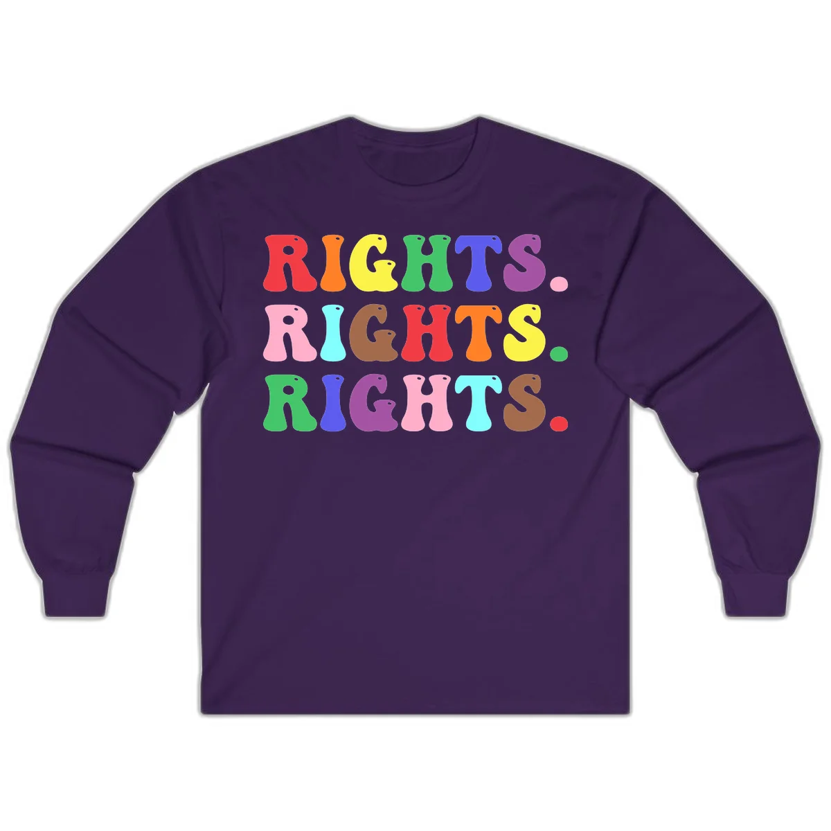 Rainbow-colored letters spelling 'RIGHTS' three times in bright red, orange, yellow, green, blue, purple, pink, cyan, and brown on gray background in Purple