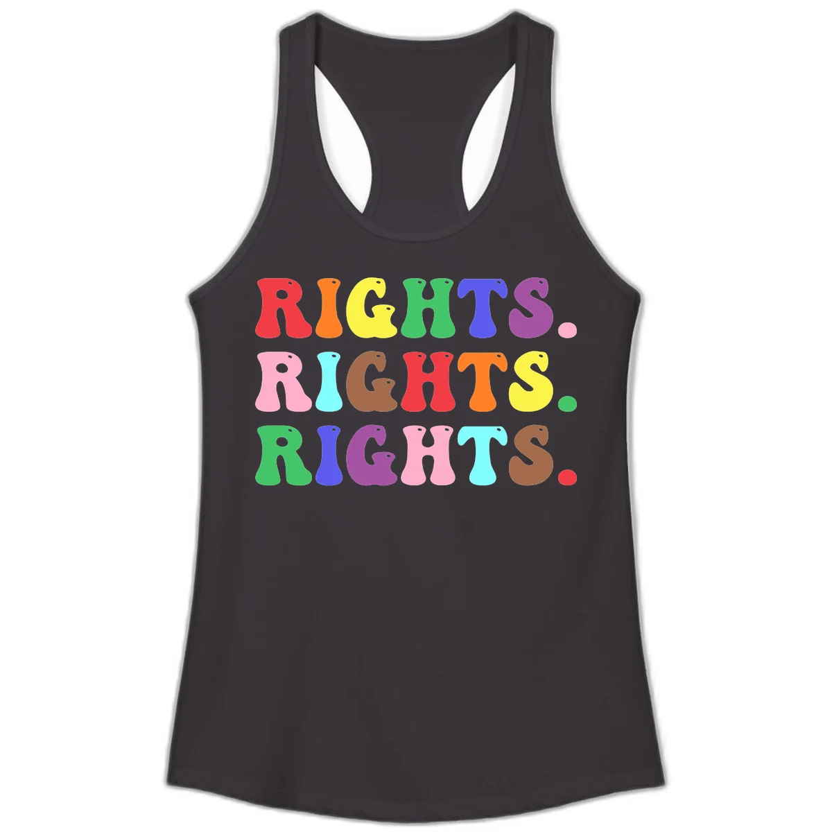 Rainbow-colored letters spelling 'RIGHTS' three times in bright red, orange, yellow, green, blue, purple, pink, cyan, and brown on gray background in Black